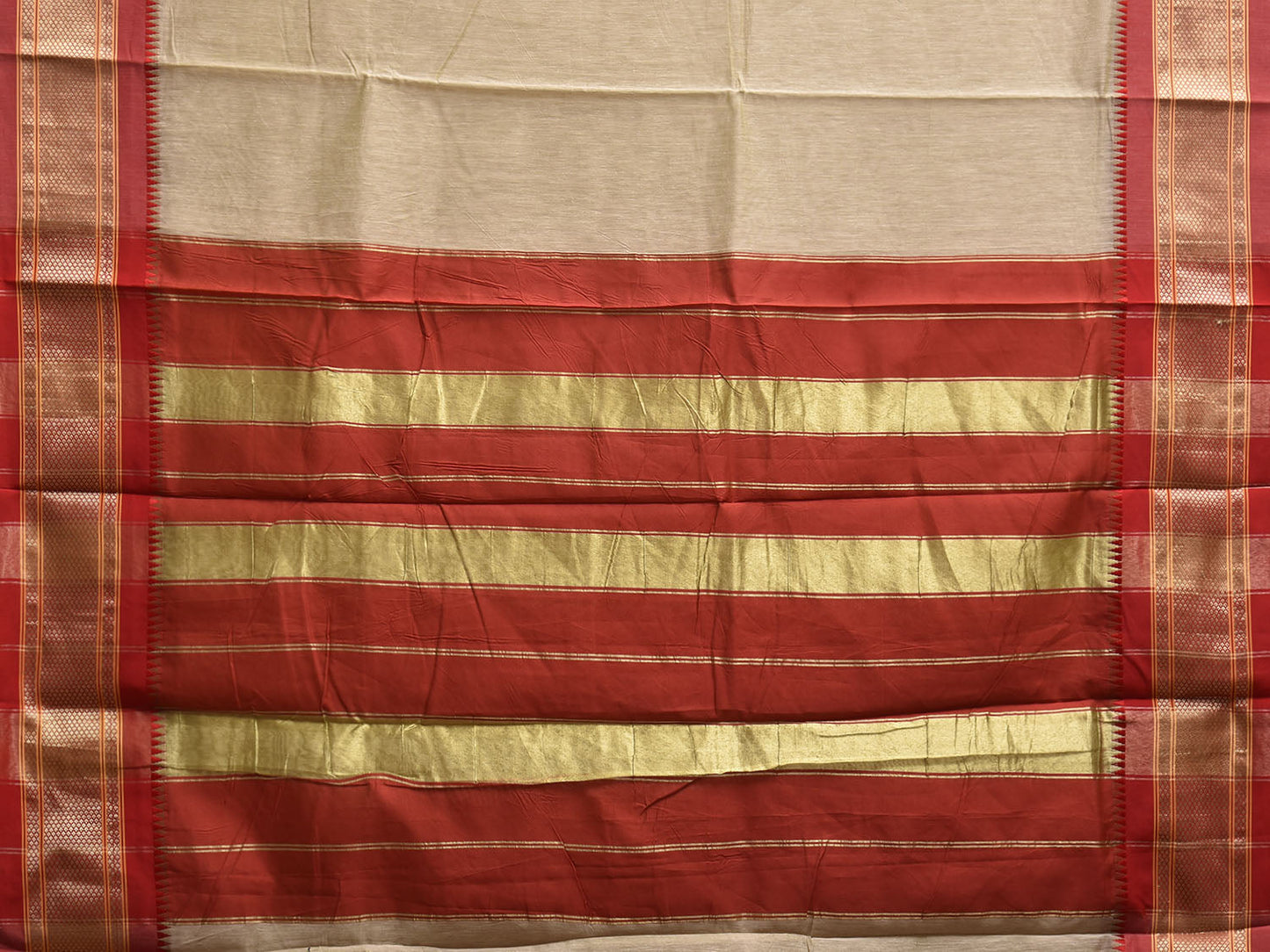 Cream and Red Bamboo Cotton Plain Saree with Contrast Pallu Design No Blouse bc0879