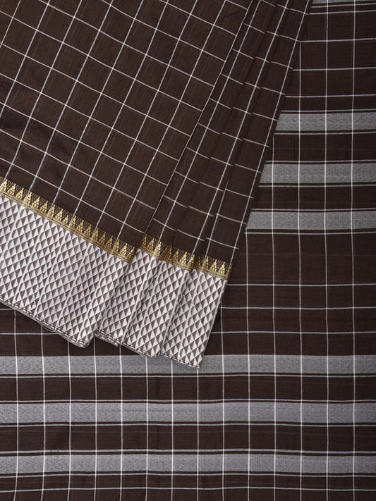 Dark Brown and White Bamboo Cotton Saree with Big Checks Design No Blouse bc0881