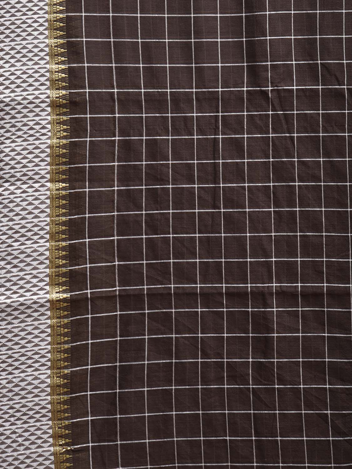 Dark Brown and White Bamboo Cotton Saree with Big Checks Design No Blouse bc0881