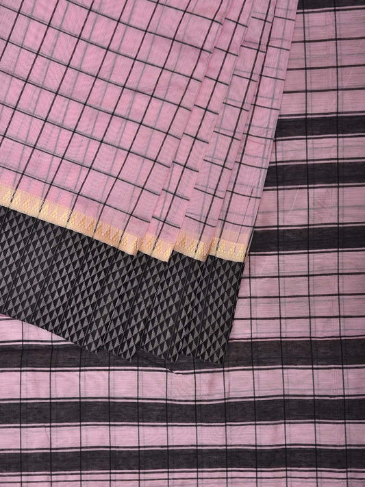 Baby Pink and Black Bamboo Cotton Saree with Big Checks Design No Blouse bc0882