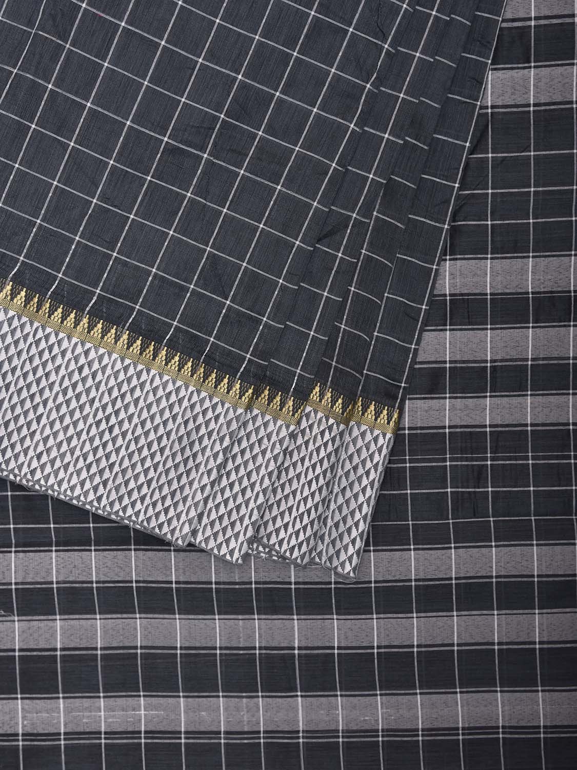 Dark Grey and White Bamboo Cotton Saree with Big Checks Design No Blouse bc0883