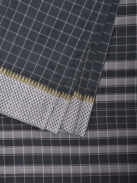 Dark Grey and White Bamboo Cotton Saree with Big Checks Design No Blouse bc0883