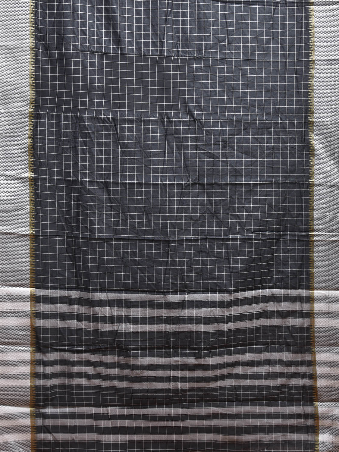 Dark Grey and White Bamboo Cotton Saree with Big Checks Design No Blouse bc0883