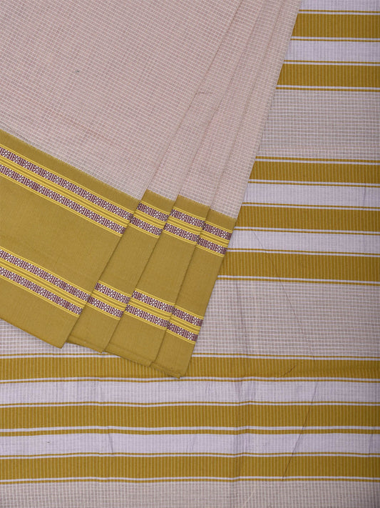Cream and Olive Bamboo Cotton Saree with Small Checks Design No Blouse bc0884