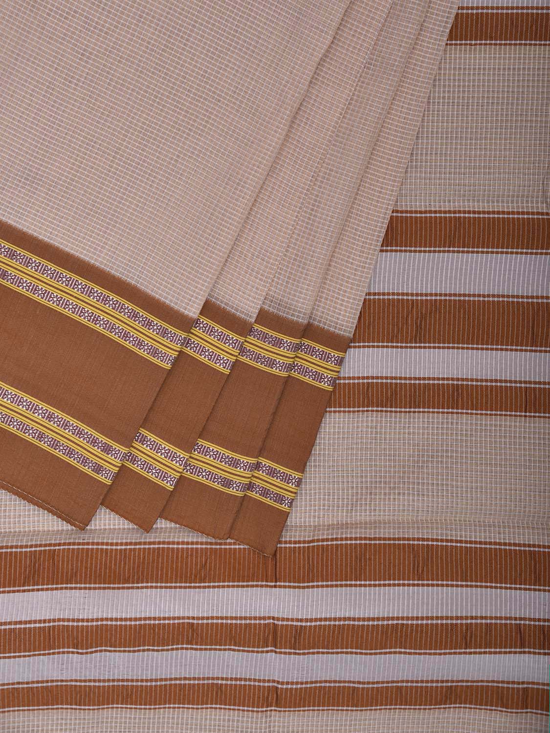 Cream and Fawn Bamboo Cotton Saree with Small Checks Design No Blouse bc0885