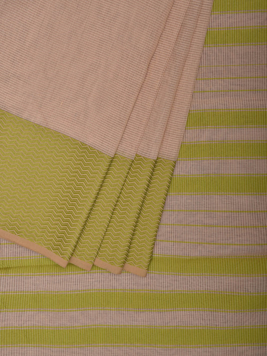 Cream and Olive Bamboo Cotton Saree with Strips Design No Blouse bc0887