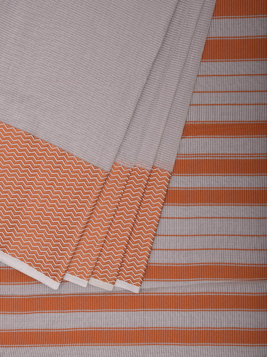 Light Grey and Orange Bamboo Cotton Saree with Strips Design No Blouse bc0889