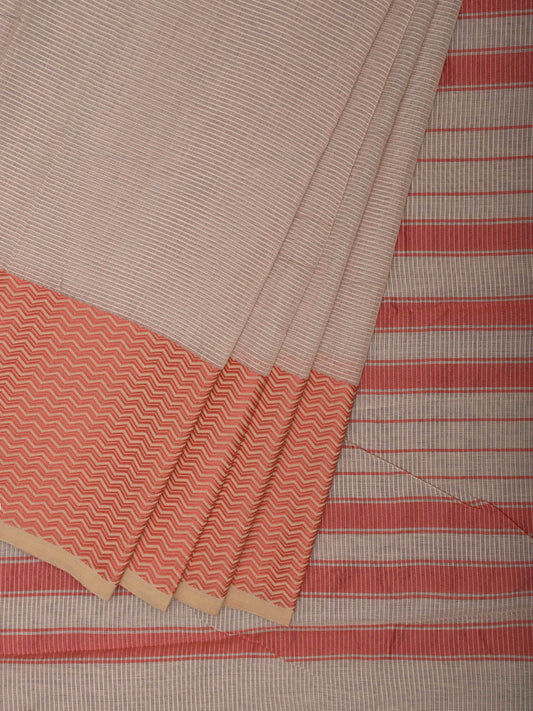 Cream and Peach Bamboo Cotton Saree with Strips Design No Blouse bc0891