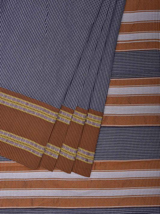 Dark Blue and Fawn Bamboo Cotton Saree with Small Checks Design No Blouse bc0895