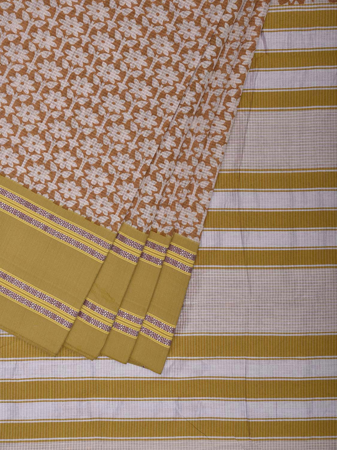 Fawn and Olive Bamboo Cotton Saree with All Over Floral Digital Print Design bc0899