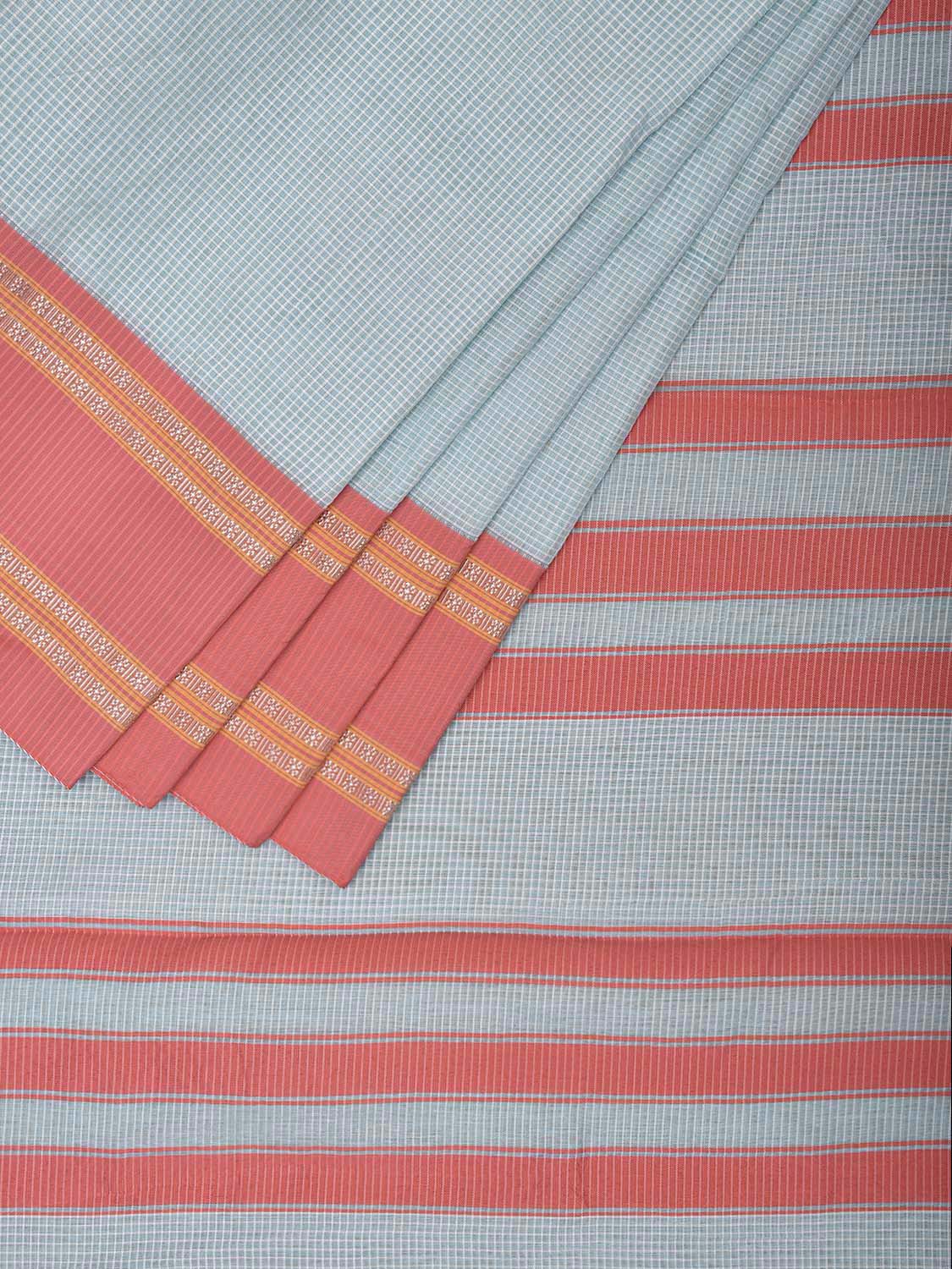 Light Blue and Peach Bamboo Cotton Saree with Small Checks Design No Blouse bc0900
