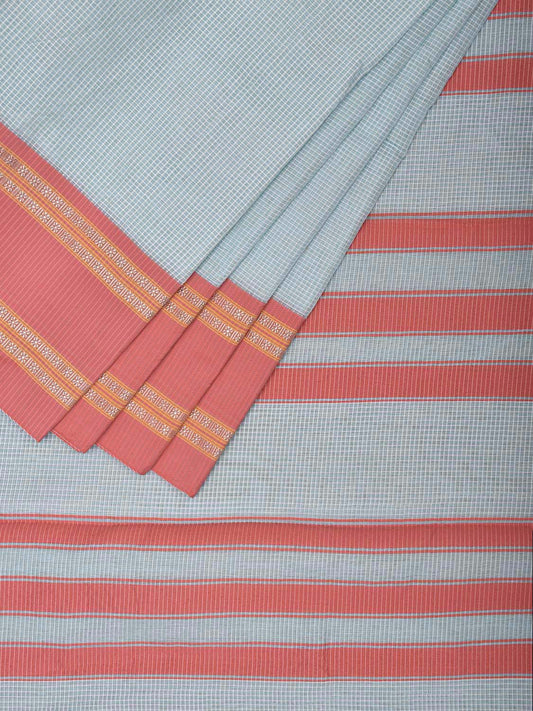 Light Blue and Peach Bamboo Cotton Saree with Small Checks Design No Blouse bc0900
