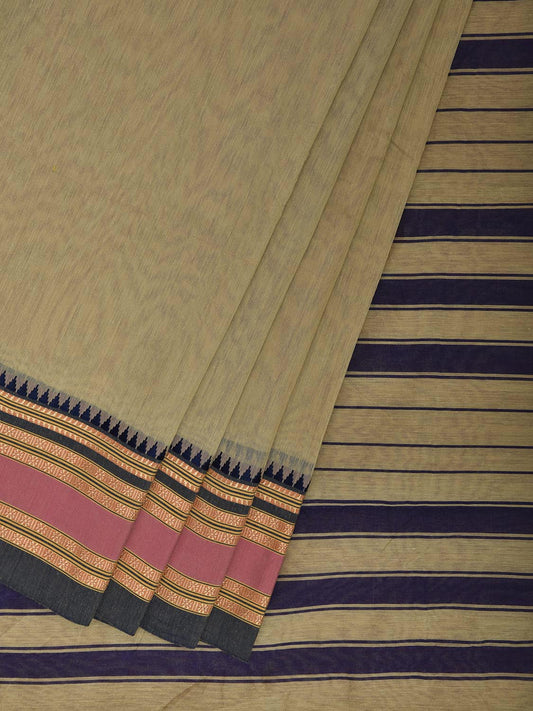 Pista and Dark Blue Bamboo Cotton Plain Saree with Strips Pallu Design No Blouse bc0902
