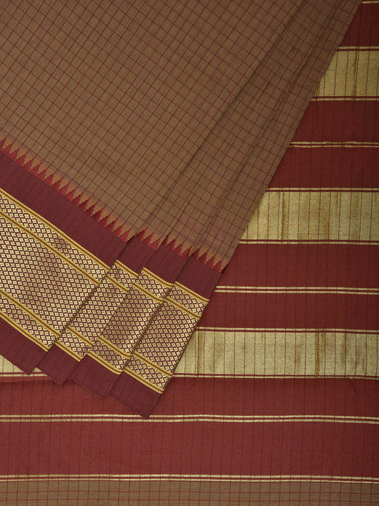 Fawn and Red Bamboo Cotton Saree with Checks Design No Blouse bc0904
