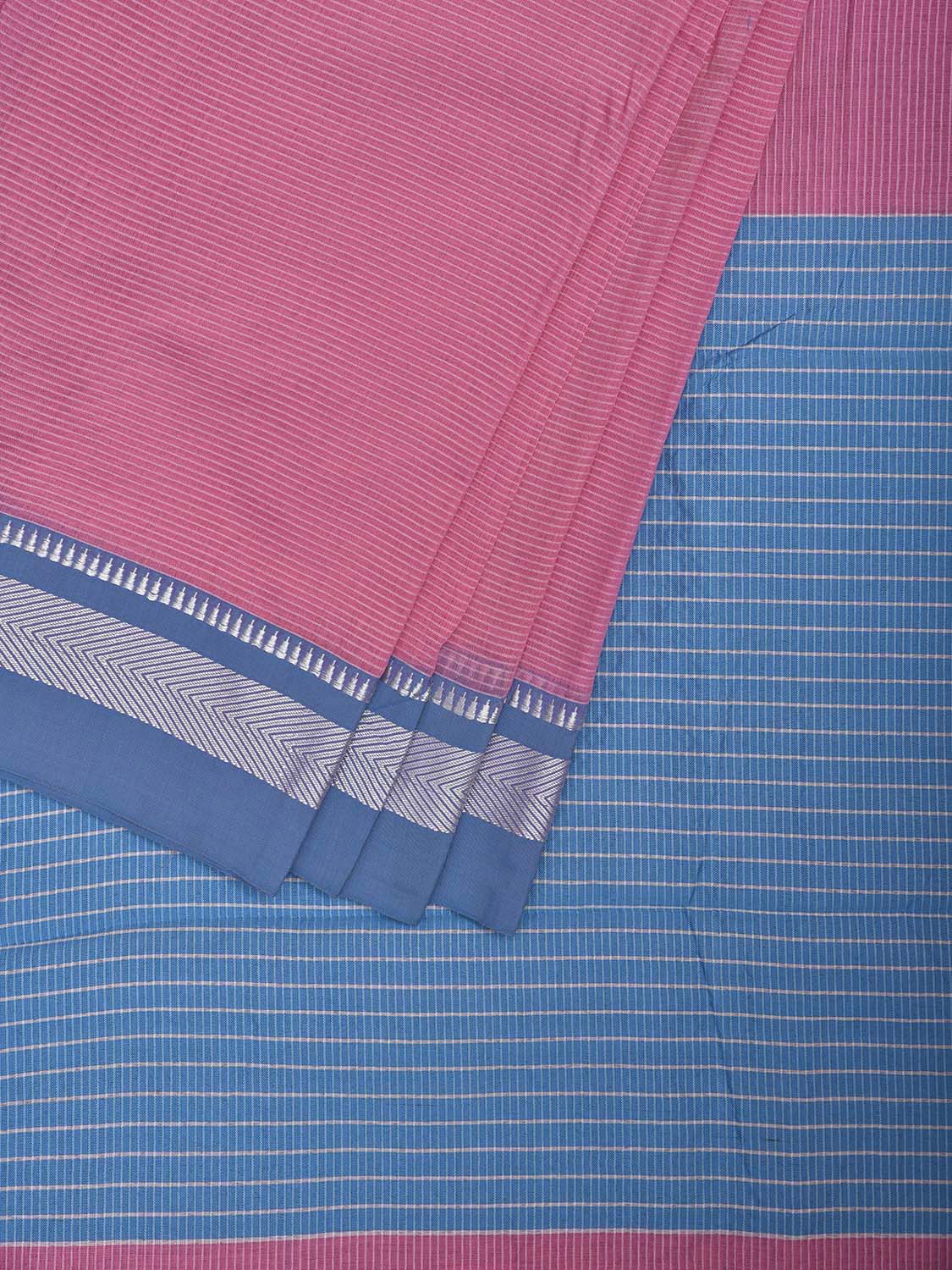 Pink and Blue Bamboo Cotton Saree with Strips Design No Blouse bc0906