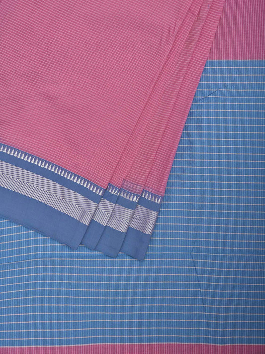 Pink and Blue Bamboo Cotton Saree with Strips Design No Blouse bc0906