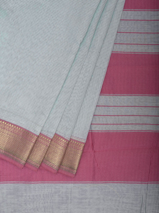 Sea Blue and Pink Bamboo Cotton Saree with Strips Design No Blouse bc0907