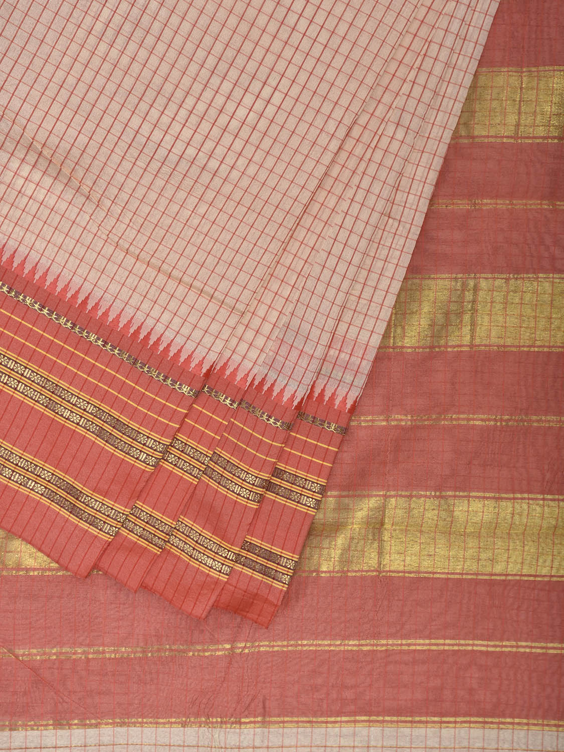 Beige and Peach Bamboo Cotton Viscose Silk Saree with Checks Design No Blouse bc0908