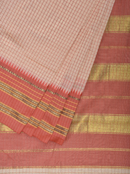 Beige and Peach Bamboo Cotton Viscose Silk Saree with Checks Design No Blouse bc0908
