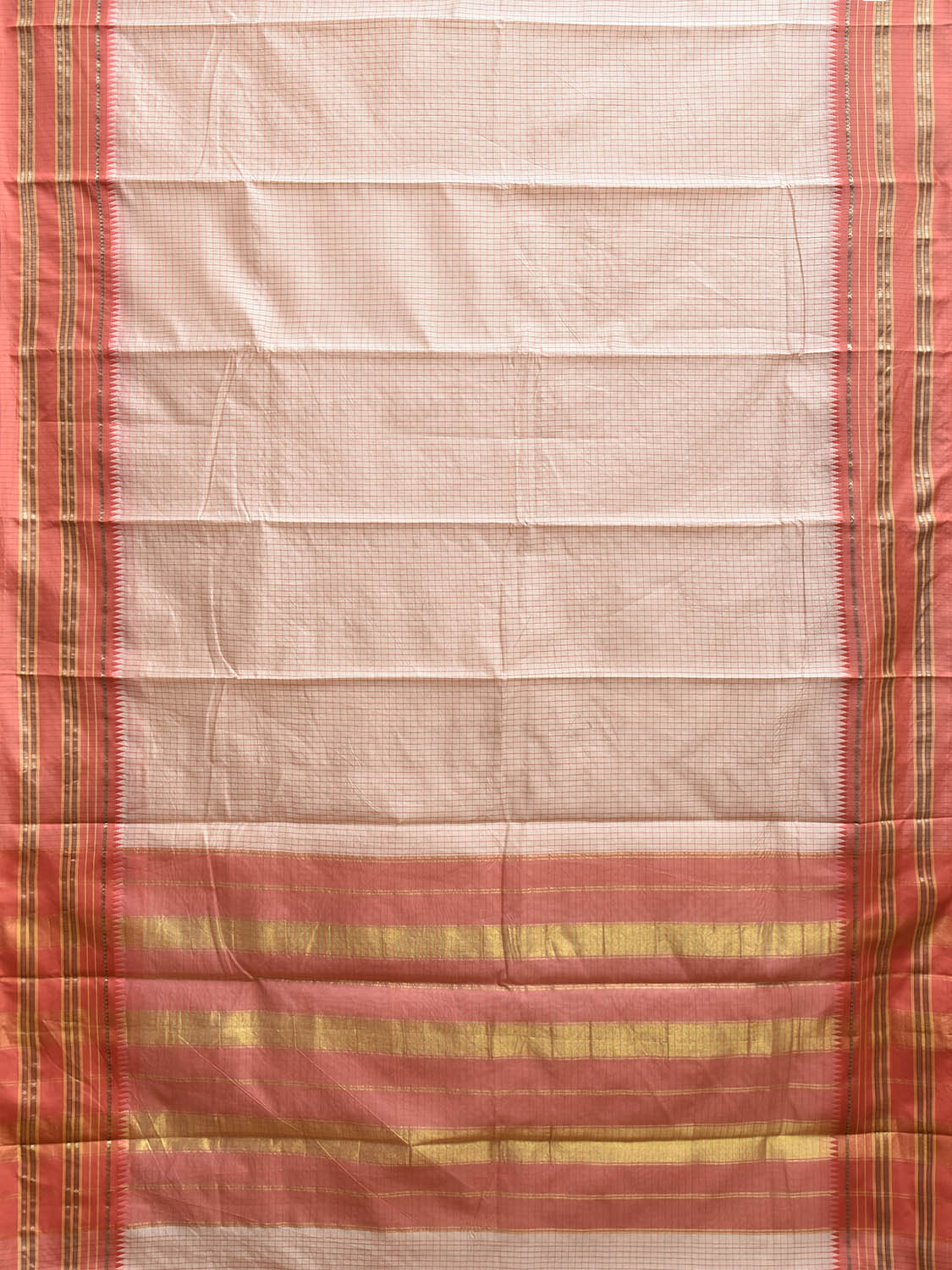Beige and Peach Bamboo Cotton Viscose Silk Saree with Checks Design No Blouse bc0908
