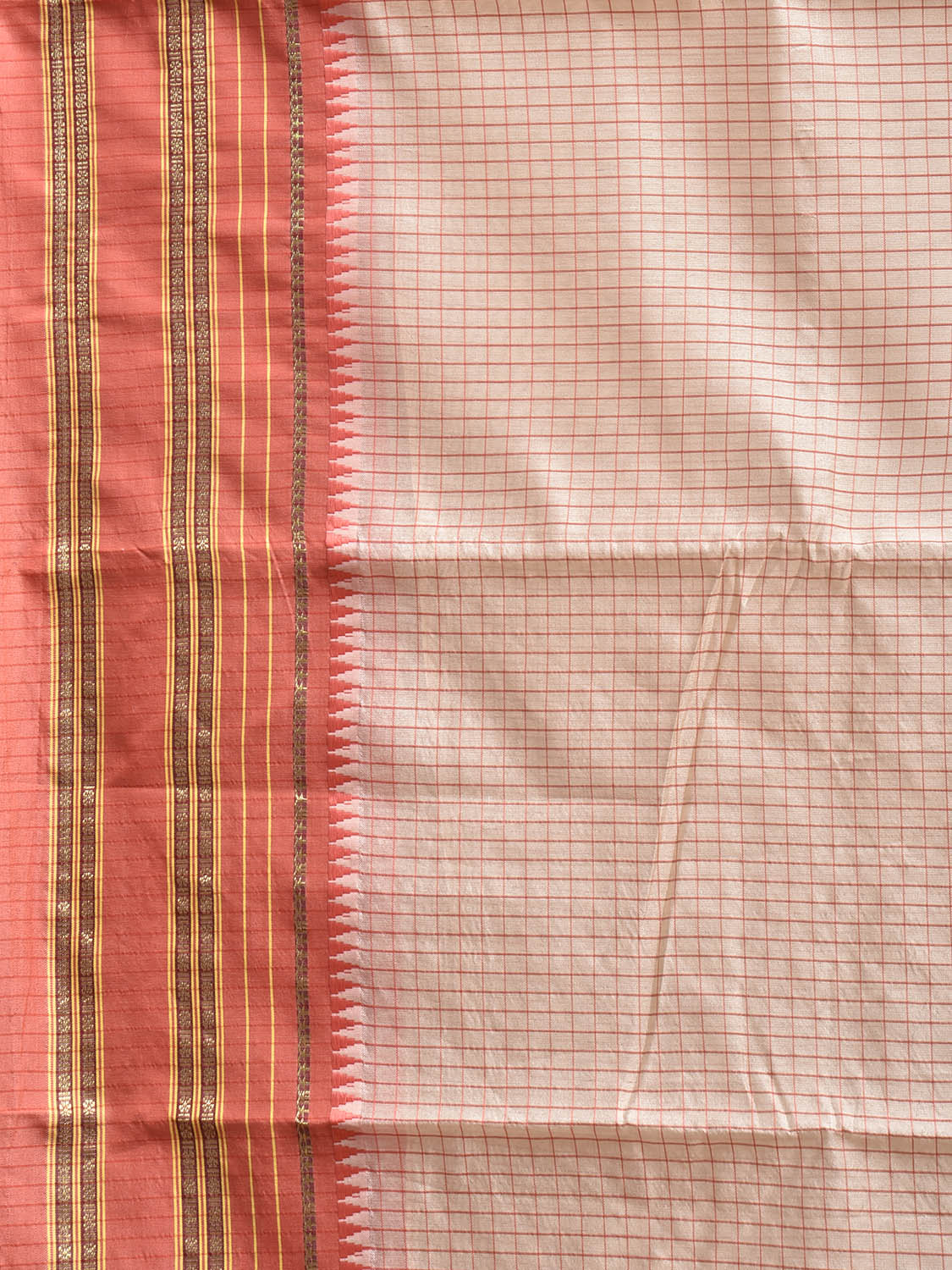 Beige and Peach Bamboo Cotton Viscose Silk Saree with Checks Design No Blouse bc0908