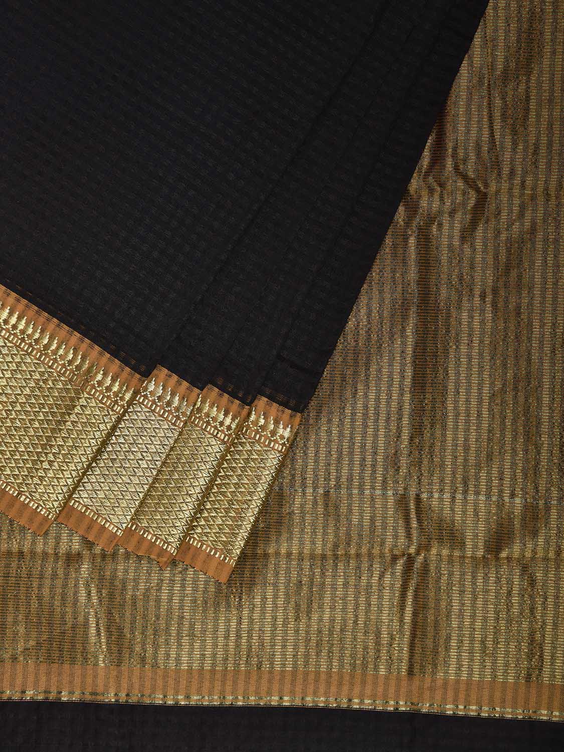 Black and Mustard Bamboo Cotton Viscose Silk Saree with Small Checks Design No Blouse bc0909