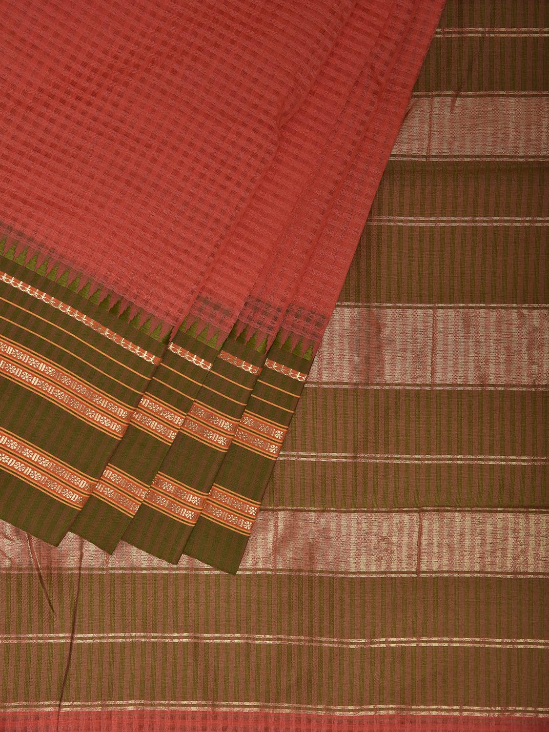 Peach and Green Bamboo Cotton Viscose Silk Saree with Small Checks Design No Blouse bc0910