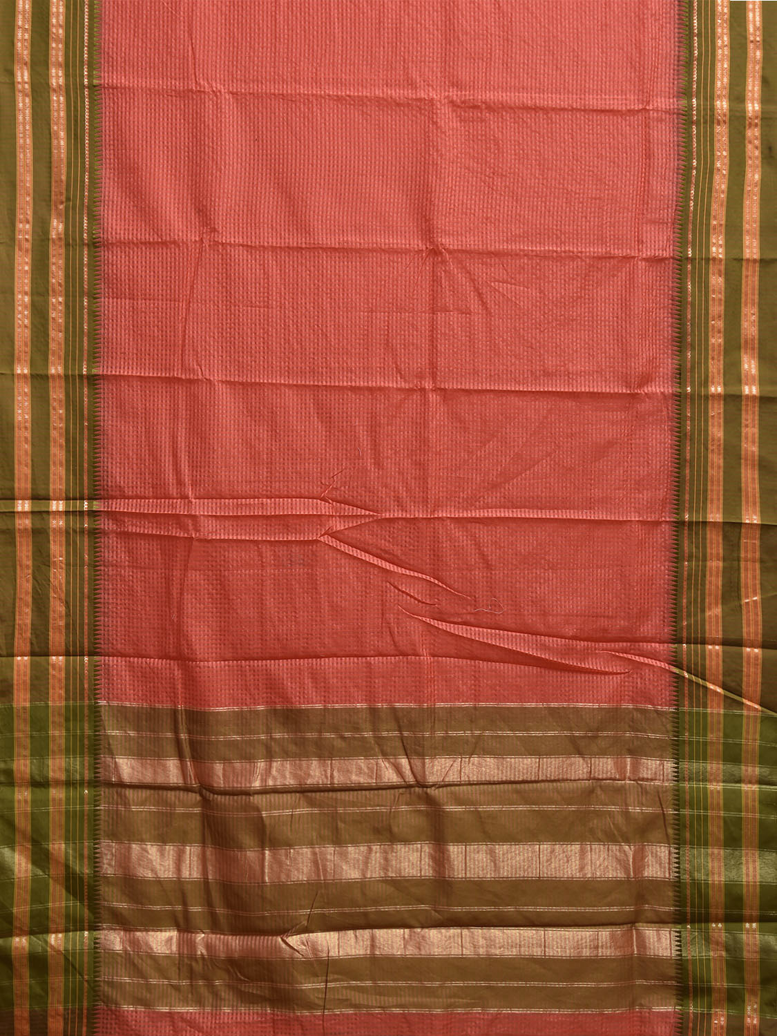 Peach and Green Bamboo Cotton Viscose Silk Saree with Small Checks Design No Blouse bc0910