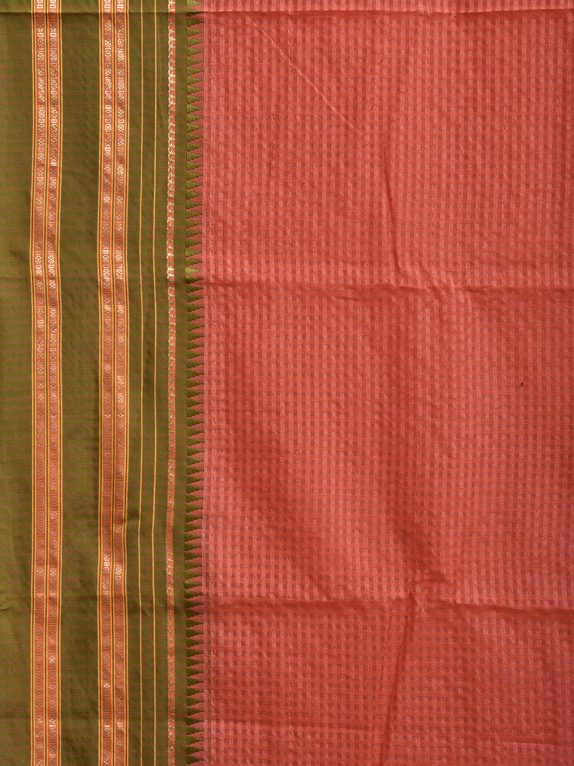 Peach and Green Bamboo Cotton Viscose Silk Saree with Small Checks Design No Blouse bc0910
