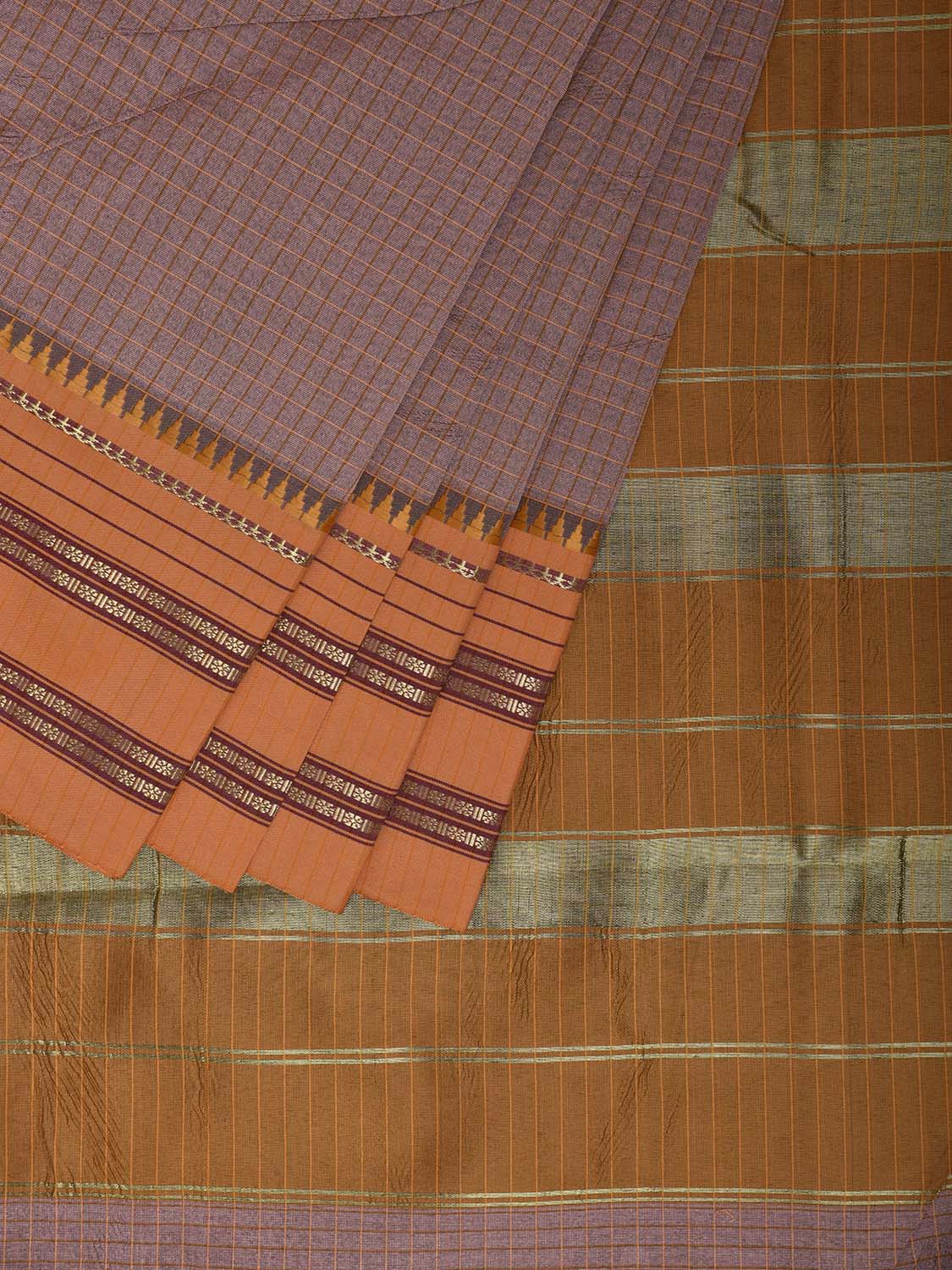 Light Mauve and Mustard Bamboo Cotton Viscose Silk Saree with Checks Design No Blouse bc0911