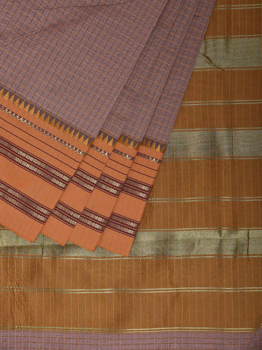Light Mauve and Mustard Bamboo Cotton Viscose Silk Saree with Checks Design No Blouse bc0911