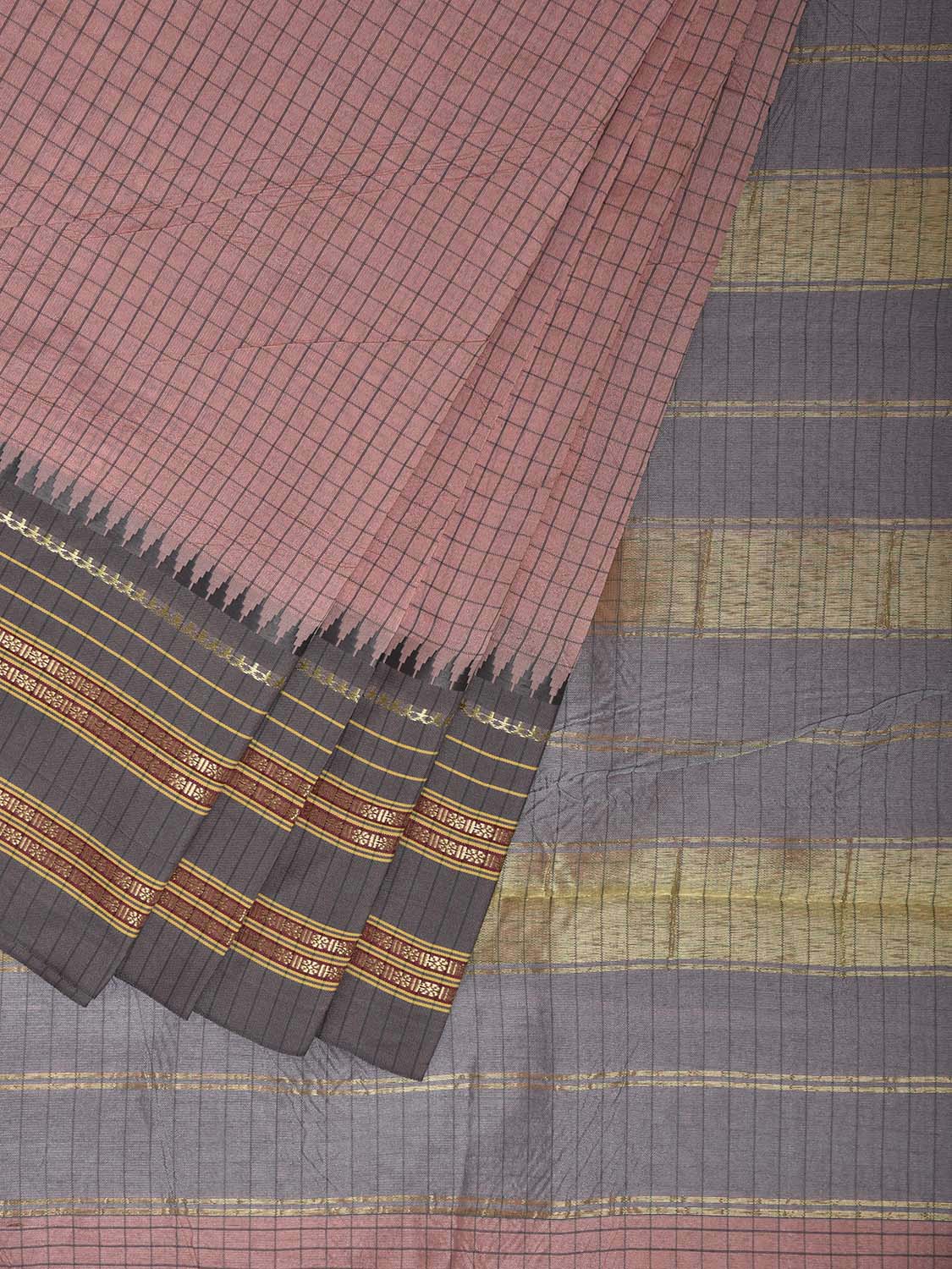 Light Pink and Light Grey Bamboo Cotton Viscose Silk Saree with Checks Design No Blouse bc0912