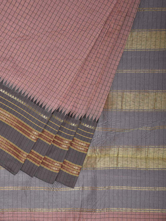 Light Pink and Light Grey Bamboo Cotton Viscose Silk Saree with Checks Design No Blouse bc0912