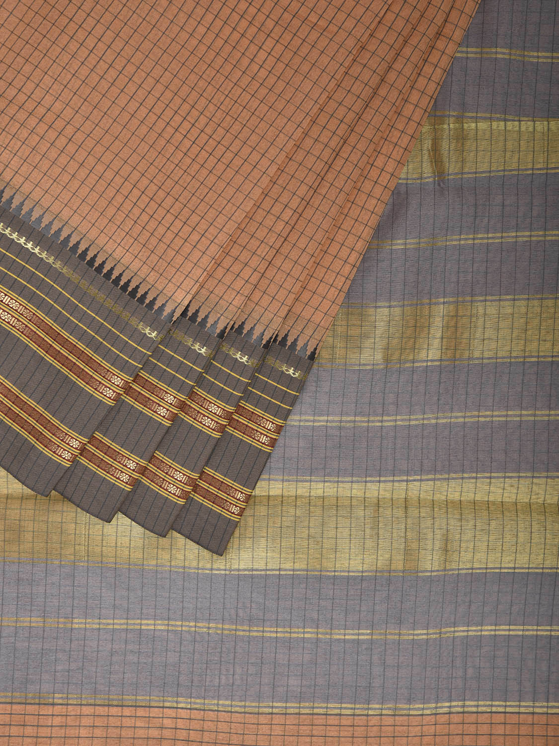 Light Orange and Light Grey Bamboo Cotton Viscose Silk Saree with Checks Design No Blouse bc0913