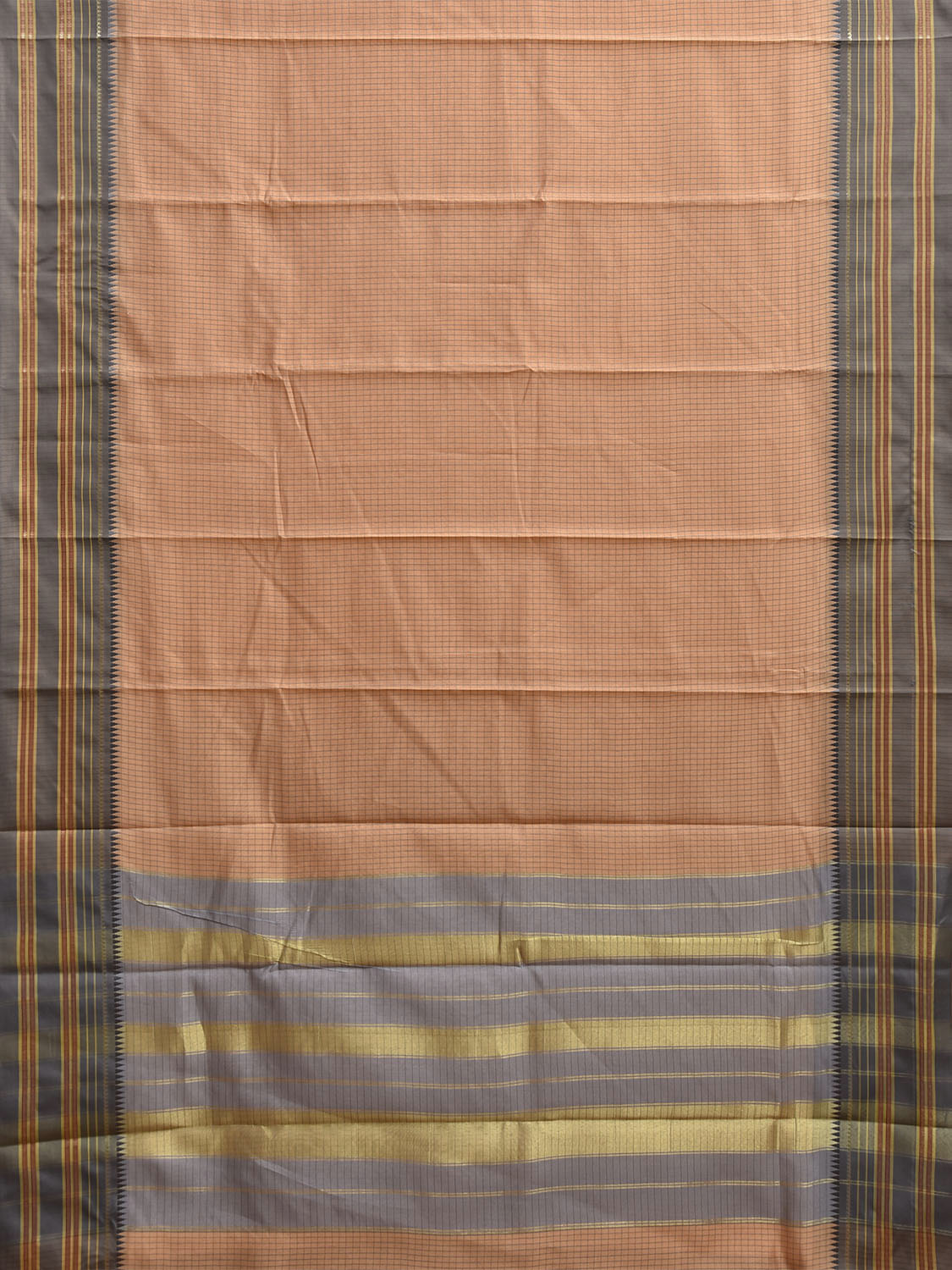 Light Orange and Light Grey Bamboo Cotton Viscose Silk Saree with Checks Design No Blouse bc0913