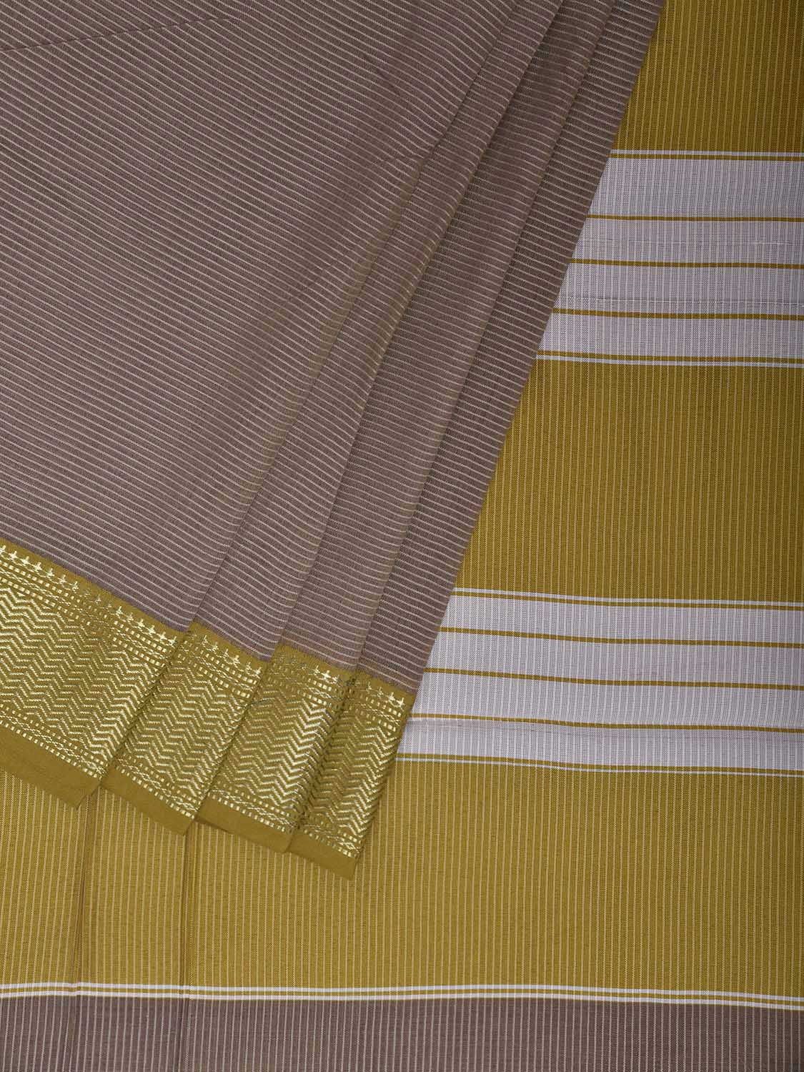 Brown and Olive Bamboo Cotton Saree with Strips Design No Blouse bc0917