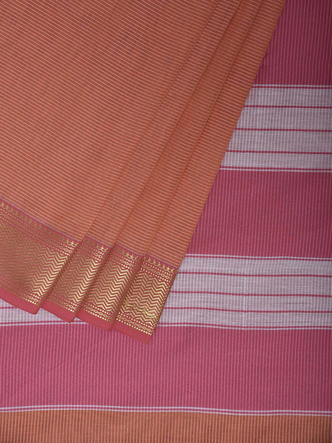 Orange and Pink Bamboo Cotton Saree with Strips Design No Blouse bc0918