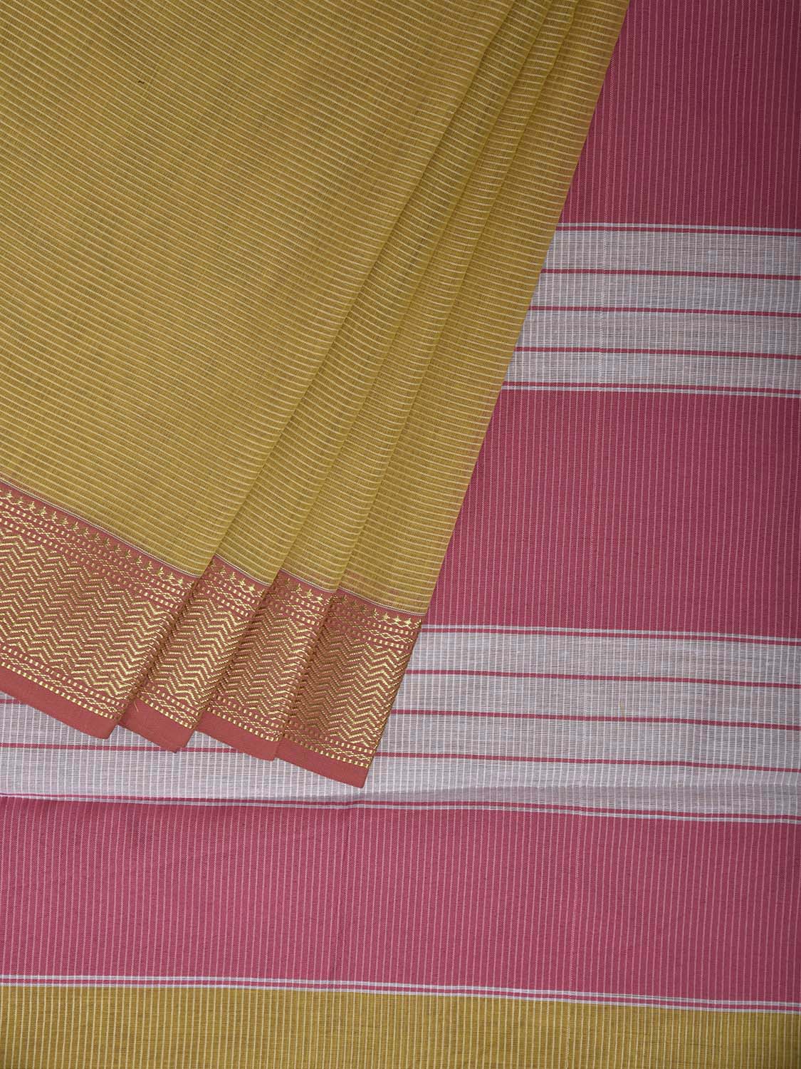 Light Green and Pink Bamboo Cotton Saree with Strips Design No Blouse bc0919