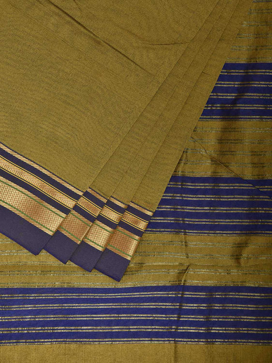 Olive and Blue Bamboo Cotton Viscose Silk Plain Saree with Strips Pallu Design No Blouse bc0922