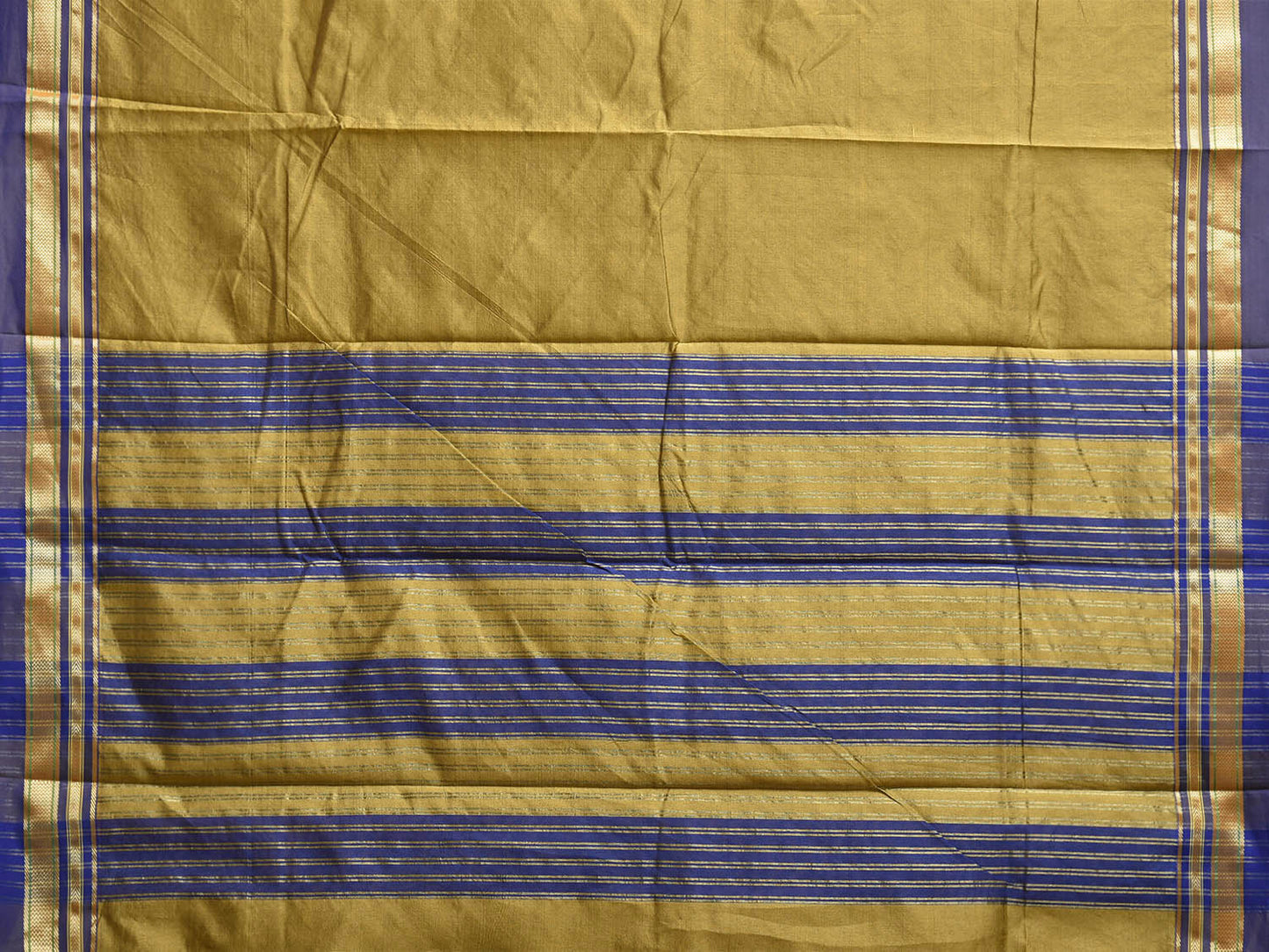 Olive and Blue Bamboo Cotton Viscose Silk Plain Saree with Strips Pallu Design No Blouse bc0922