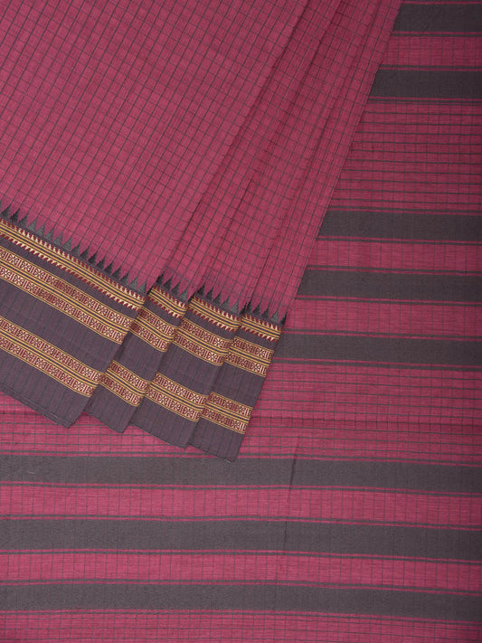 Pink and Grey Bamboo Cotton Saree with Checks Design No Blouse bc0926