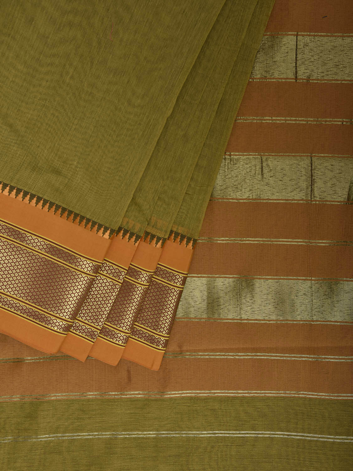 Olive and Mustard Bamboo Cotton Plain Saree with Contrast Pallu Design No Blouse bc0927