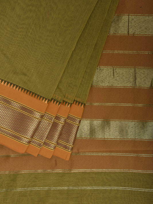 Olive and Mustard Bamboo Cotton Plain Saree with Contrast Pallu Design No Blouse bc0927