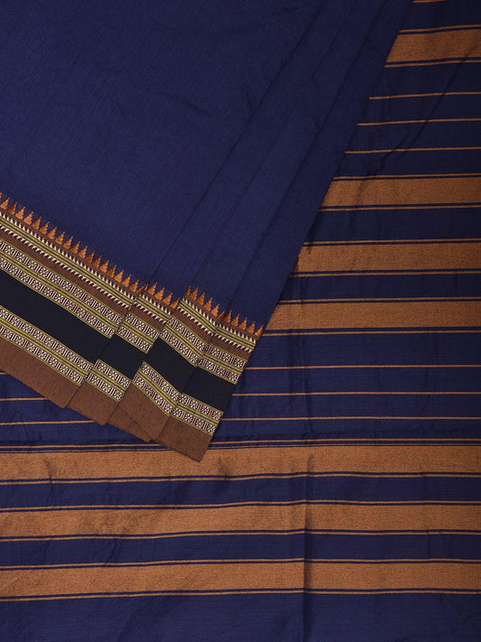 Blue and Mustard Bamboo Cotton Plain Saree with Strips Pallu Design No Blouse bc0929