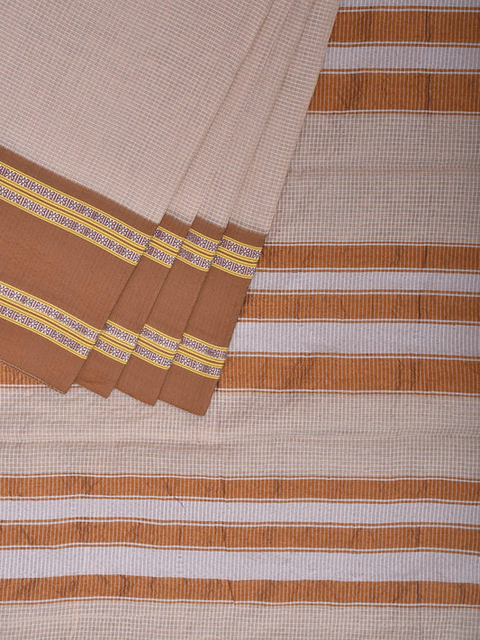 Cream and Fawn Bamboo Cotton Saree with Small Checks Design No Blouse bc0930