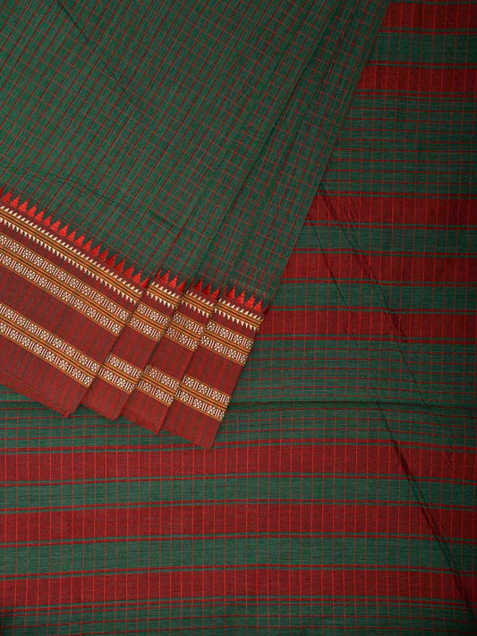 Green and Red Bamboo Cotton Saree with Checks Design No Blouse bc0931