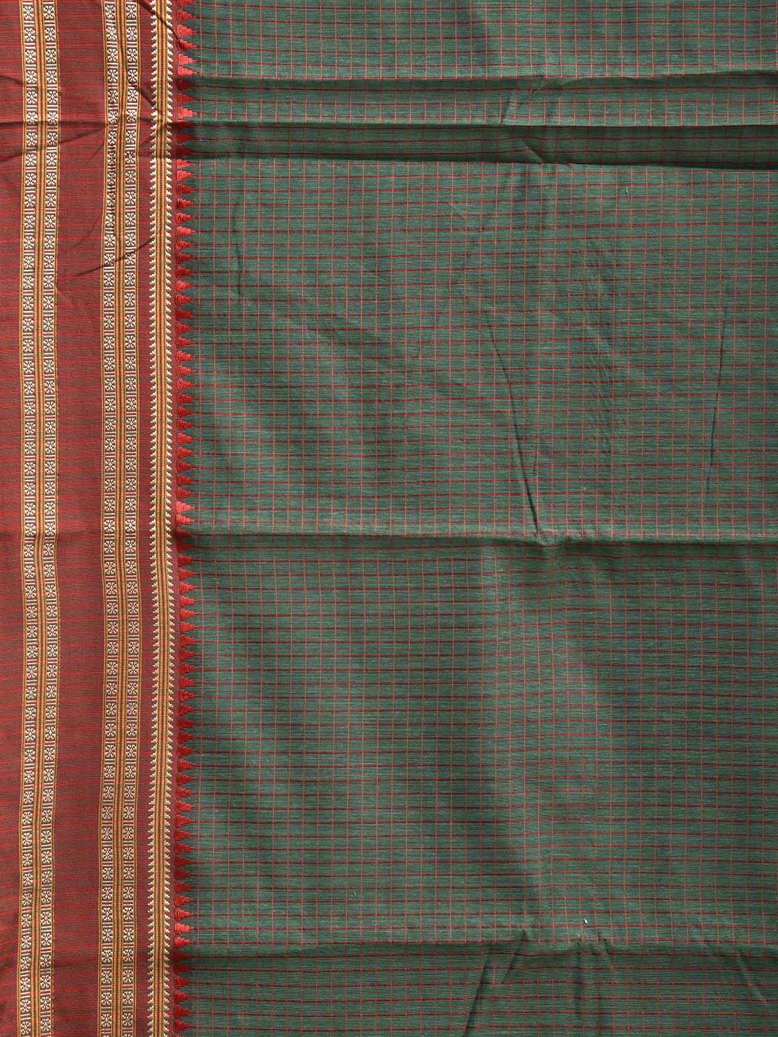 Green and Red Bamboo Cotton Saree with Checks Design No Blouse bc0931