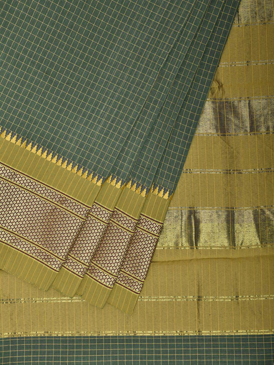 Green and Lemon Green Bamboo Cotton Saree with Checks Design No Blouse bc0937