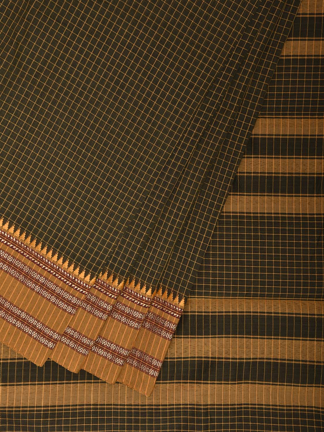 Dark Green and Mustard Bamboo Cotton Saree with Checks Design No Blouse bc0939