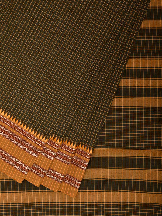 Dark Green and Mustard Bamboo Cotton Saree with Checks Design No Blouse bc0939